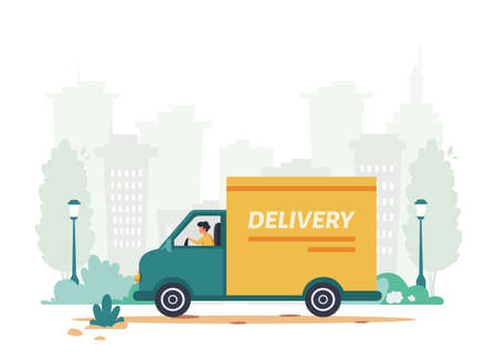168971418 delivery service concept courier riding by truck city background vector illustration